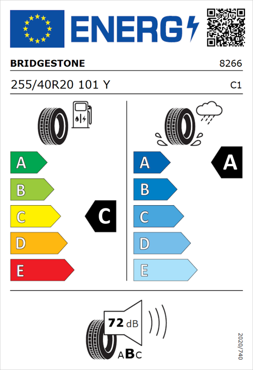 Tyre Label for Bridgestone Potenza S007 255/40R20 101Y