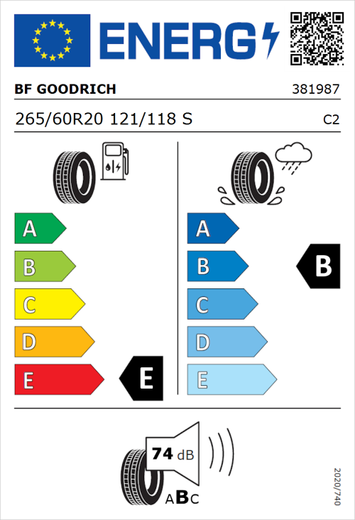 Tyre Label for BF Goodrich All-Terrain T/A KO2 RBL 265/60R20 121/118S