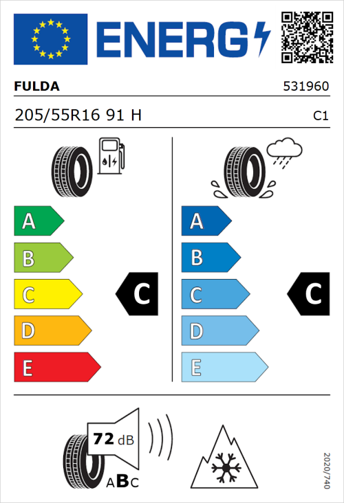 Tyre Label for Fulda Kristall Control HP2 205/55R16 91H