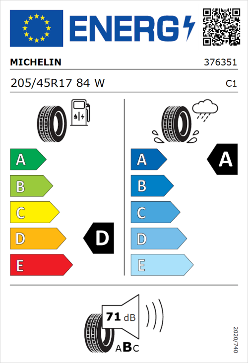 Tyre Label for Michelin Primacy 3 (Zero Pressure) 205/45R17 84W