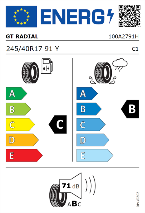 Tyre Label for GT Radial Sport Active 245/40R17 91Y